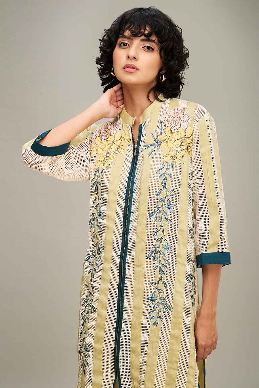 Off-White & Yellow Zinnia Applique Tunic & Pant Set