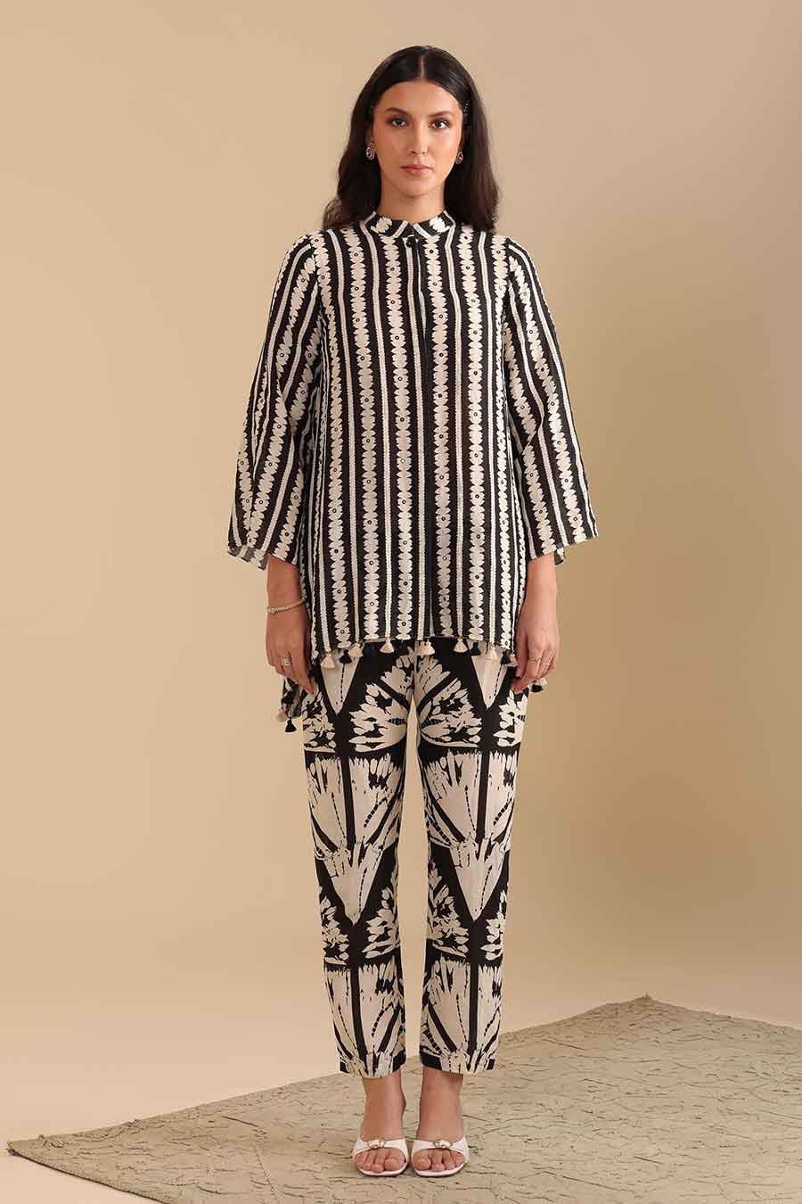 Black & White Naqsh Printed Shirt & Pant Co-Ord Set