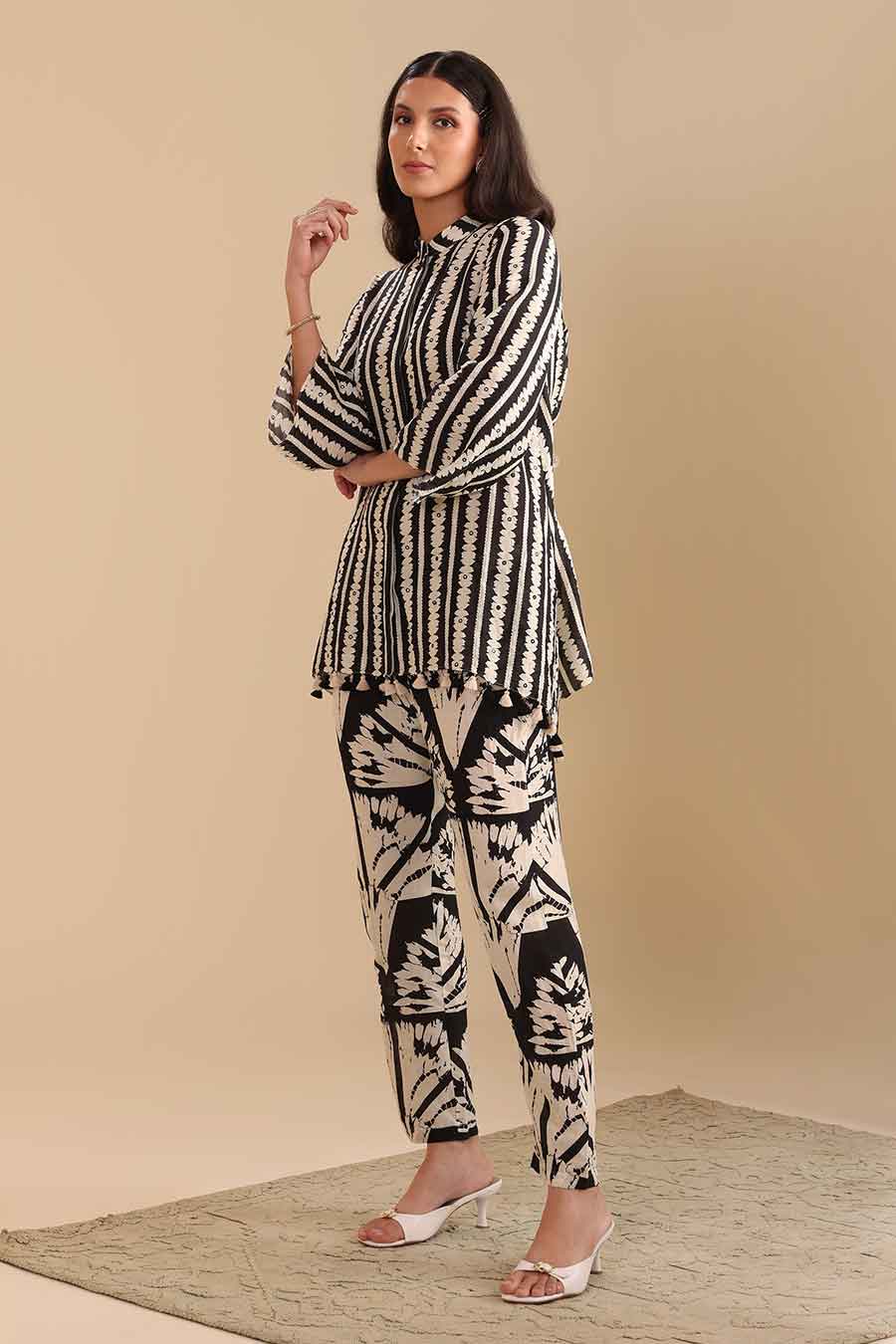 Black & White Naqsh Printed Shirt & Pant Co-Ord Set