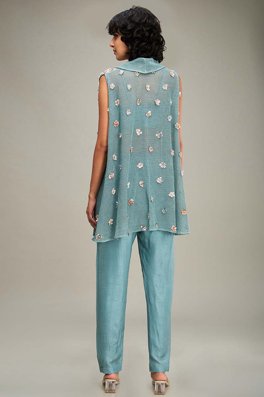 Blue Conversational Embellished Co-Ord Set With Cape