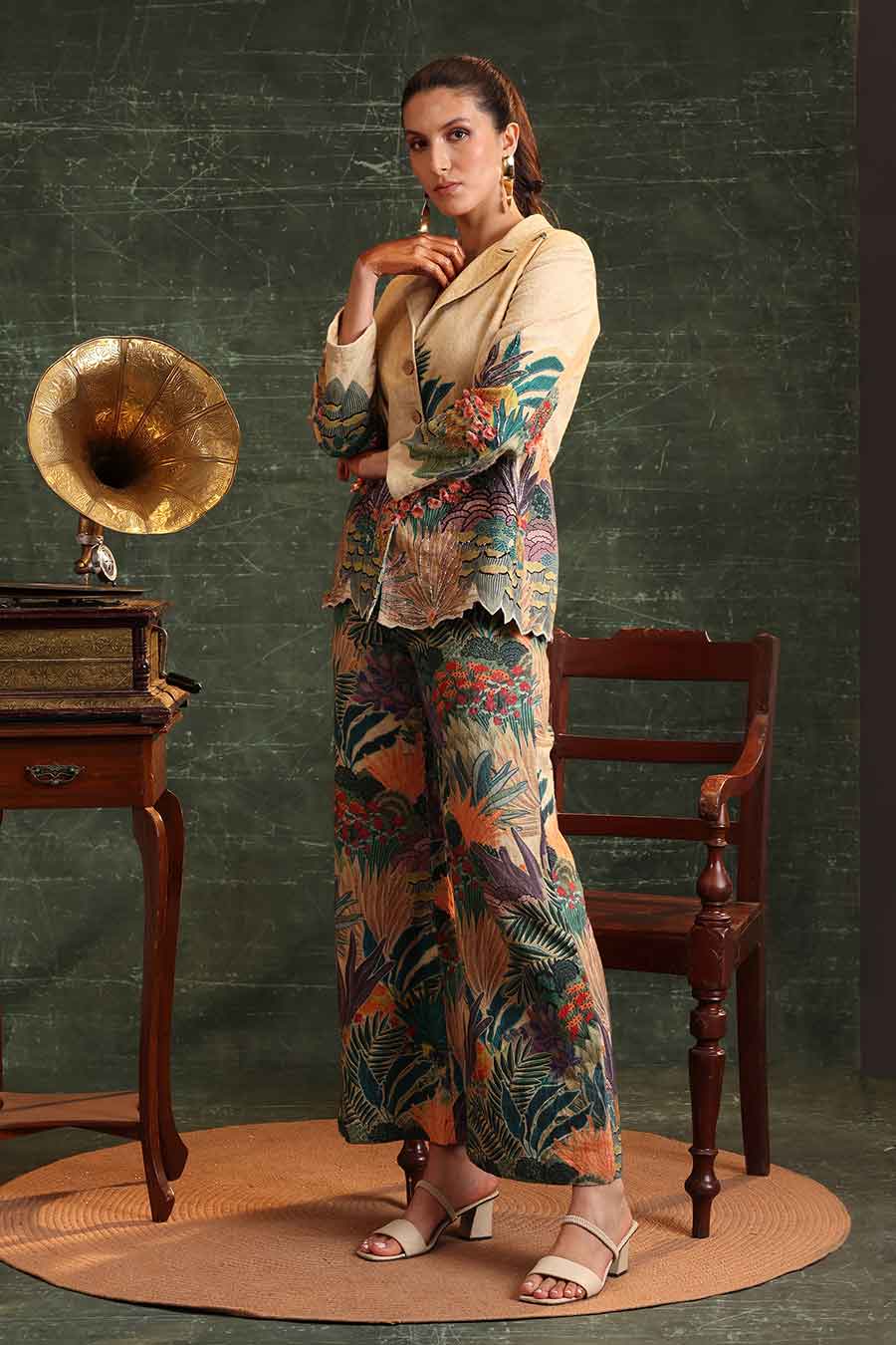 Beige Kaira Embroidered Blazer & Pant Set