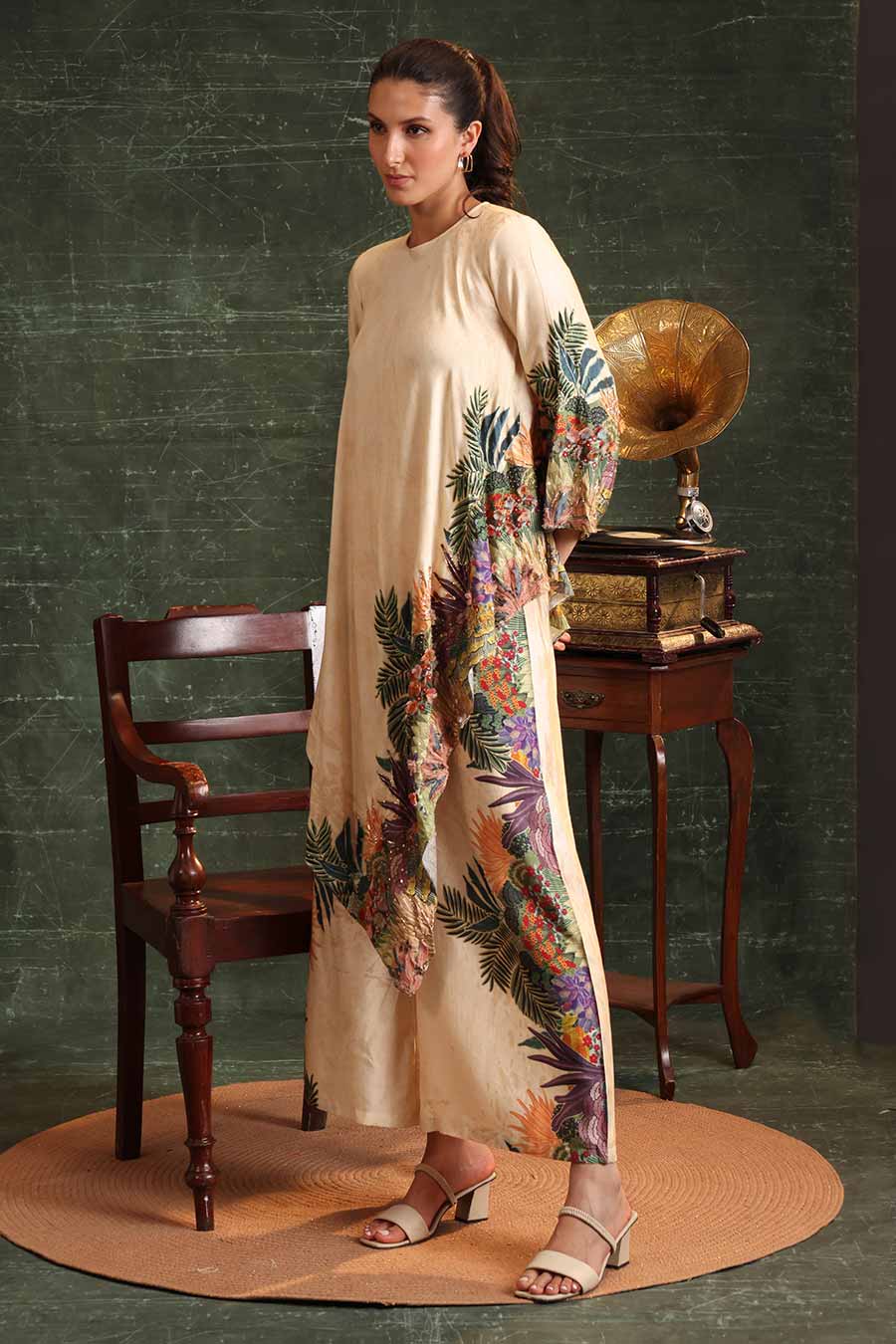 Beige Kaira Embellished Asymmetric Tunic & Pant Set