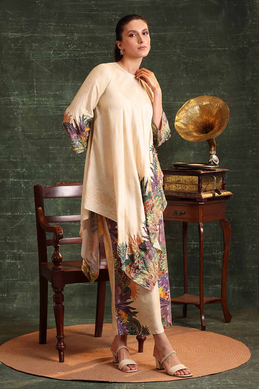 Beige Kaira Embellished Asymmetric Tunic & Pant Set