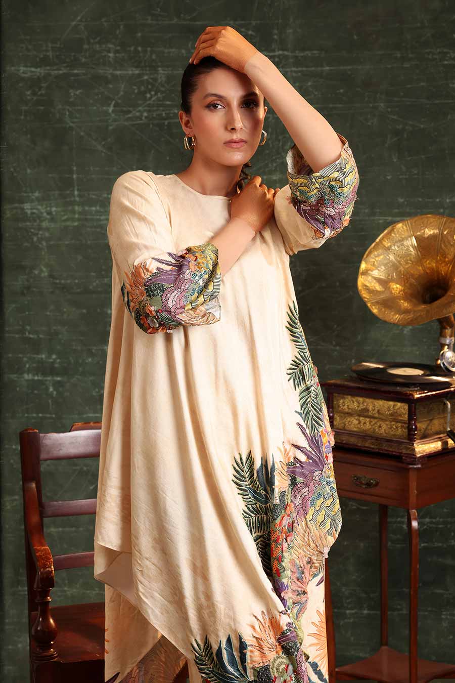 Beige Kaira Embellished Asymmetric Tunic & Pant Set
