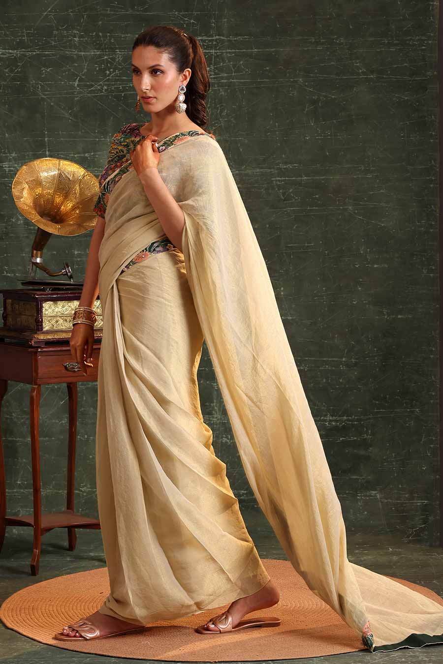 Beige Kaira Embellished Pre-Stitched Saree Set