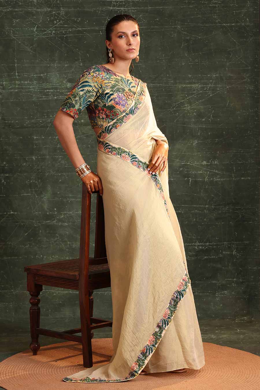 Beige Kaira Embellished Pre-Stitched Saree Set