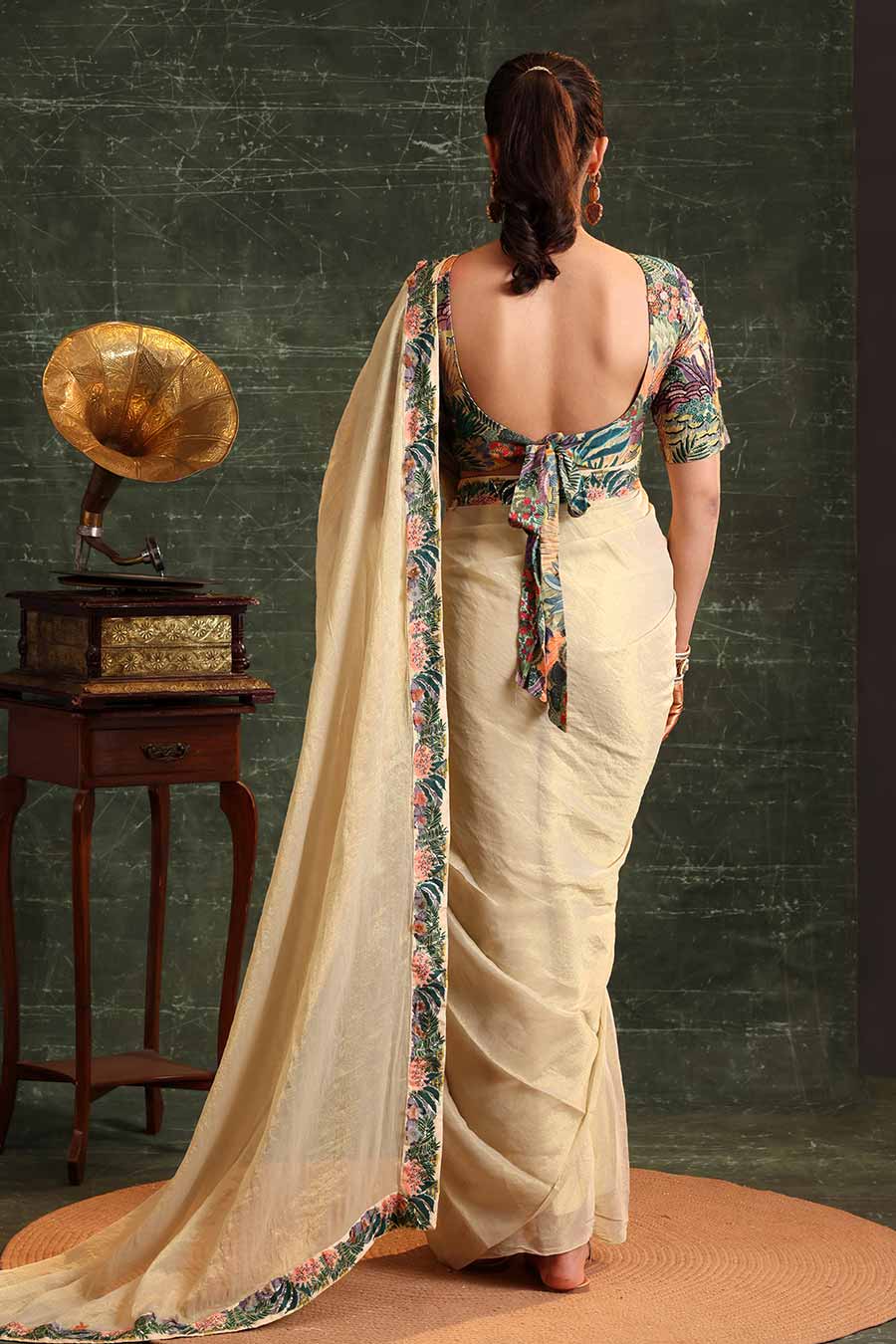 Beige Kaira Embellished Pre-Stitched Saree Set