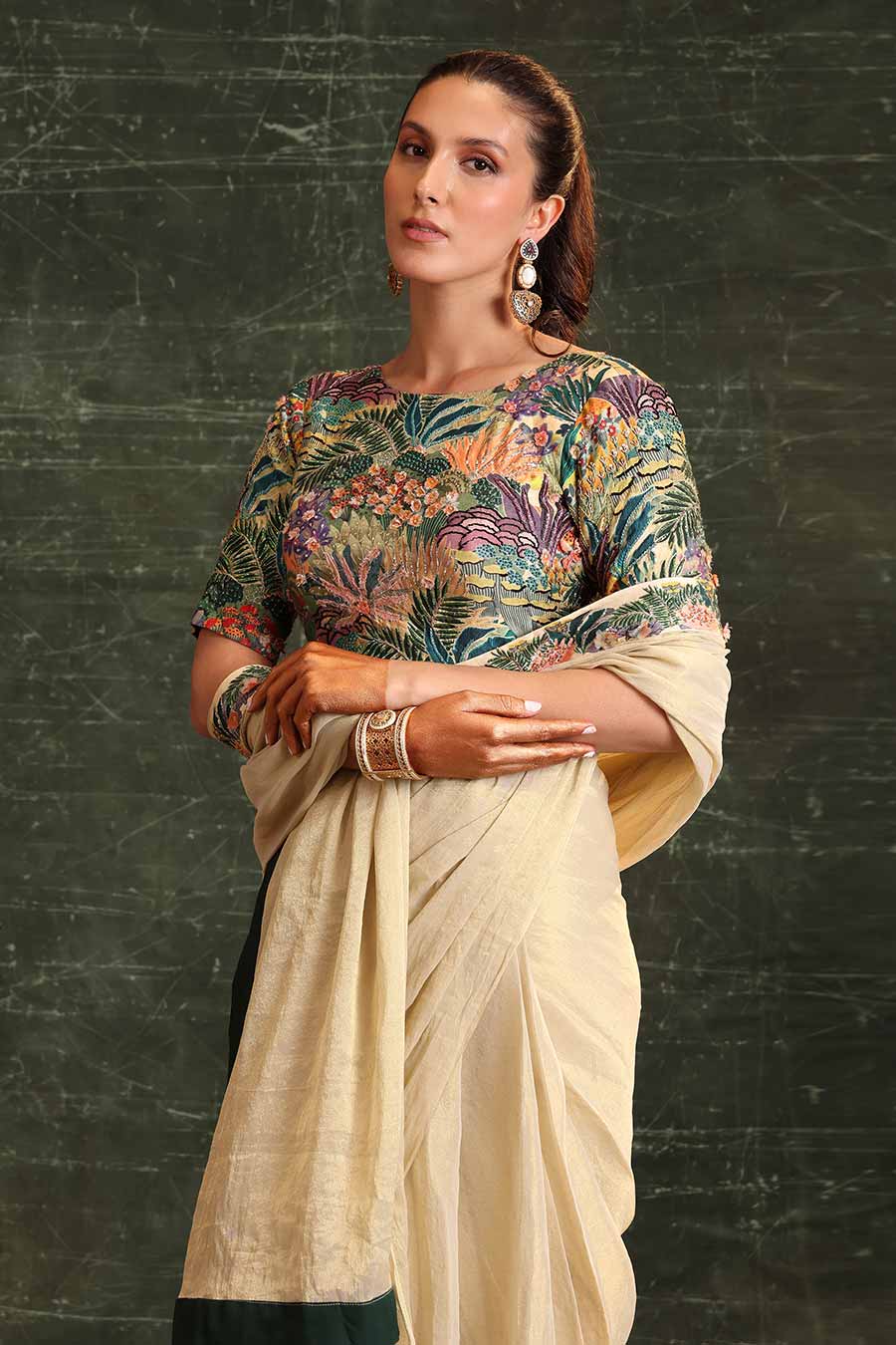 Beige Kaira Embellished Pre-Stitched Saree Set