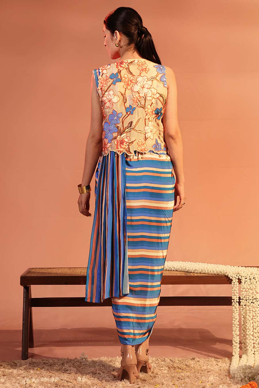 Blue Adira Embroidered Pre-Draped Saree & Jacket Set