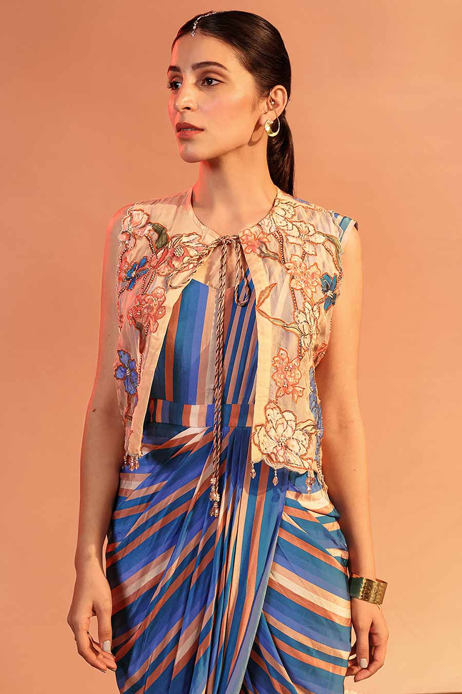 Blue Adira Embroidered Pre-Draped Saree & Jacket Set