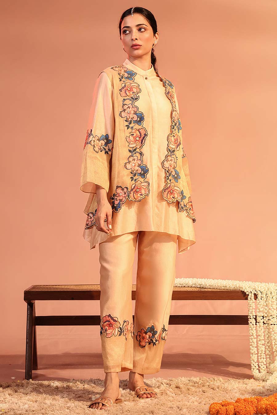 Light Pink Sadira Embroidered Tunic Set With Jacket