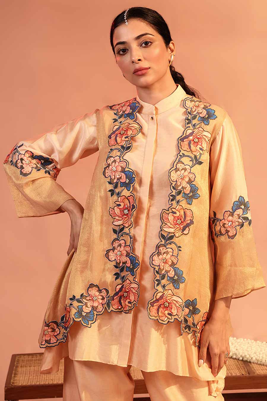 Light Pink Sadira Embroidered Tunic Set With Jacket