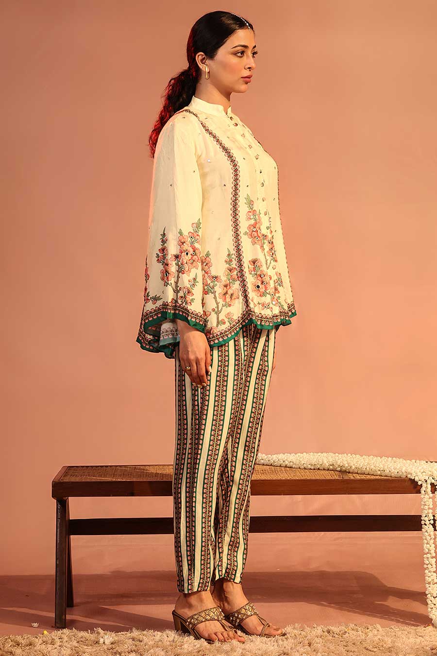 Cream Tamaya Embroidered Shirt & Pant Co-Ord Set