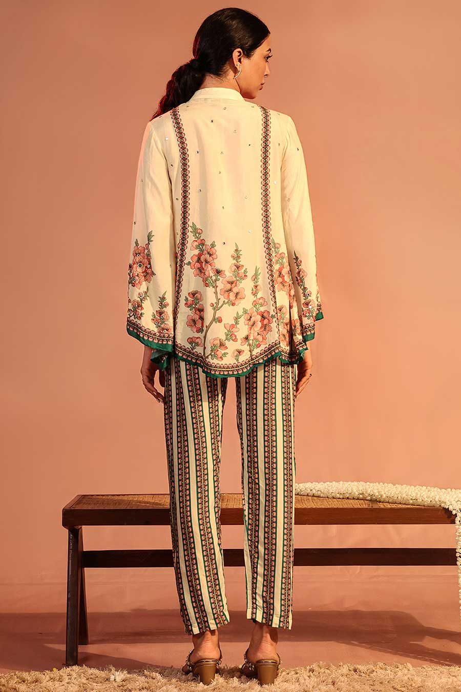 Cream Tamaya Embroidered Shirt & Pant Co-Ord Set