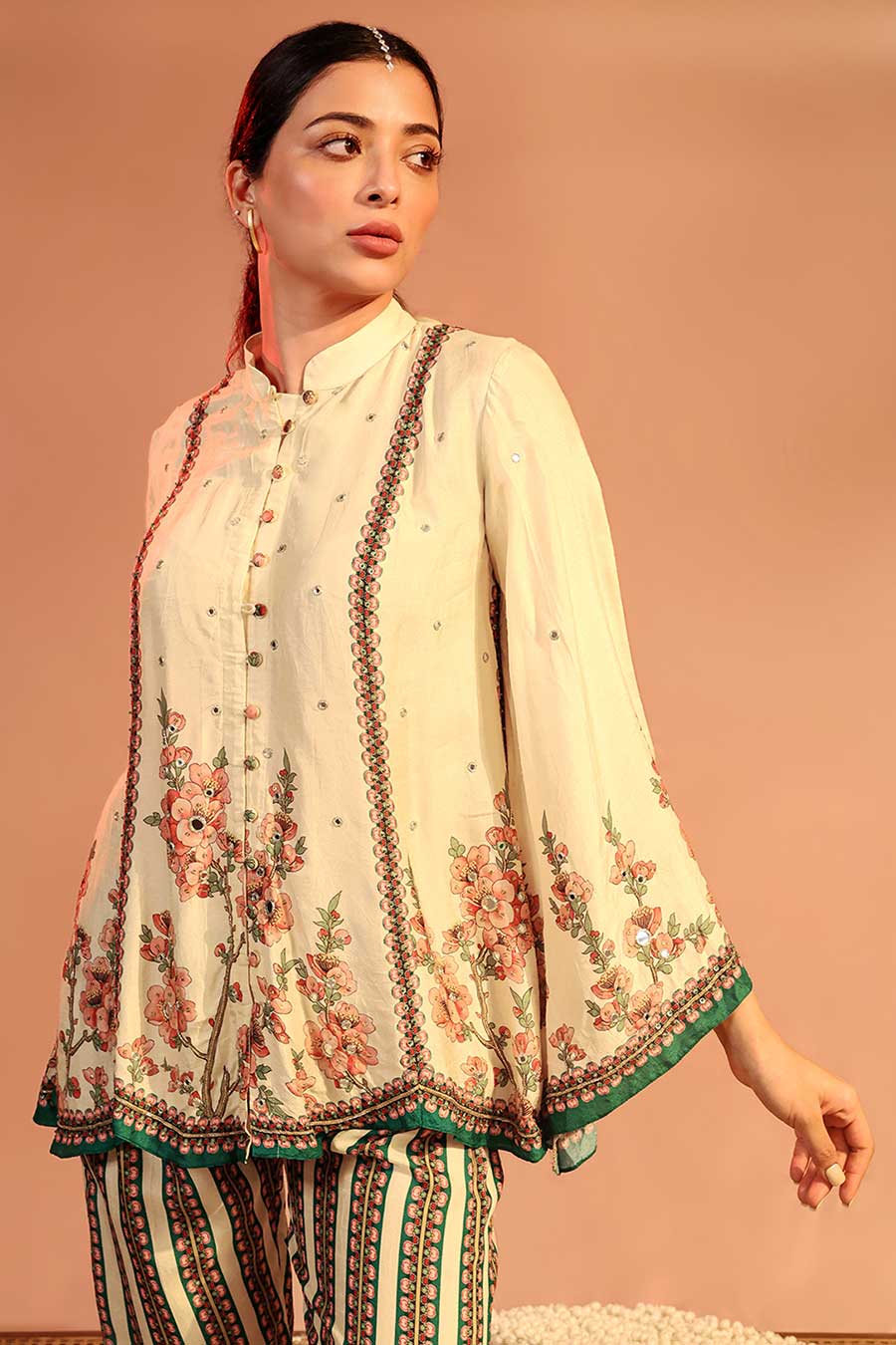 Cream Tamaya Embroidered Shirt & Pant Co-Ord Set
