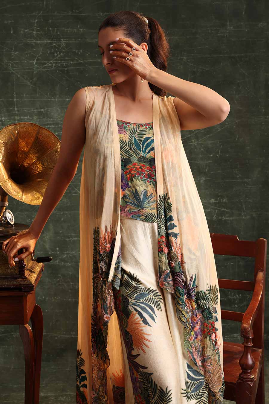 Beige Kaira Embellished Co-Ord Set With Cape