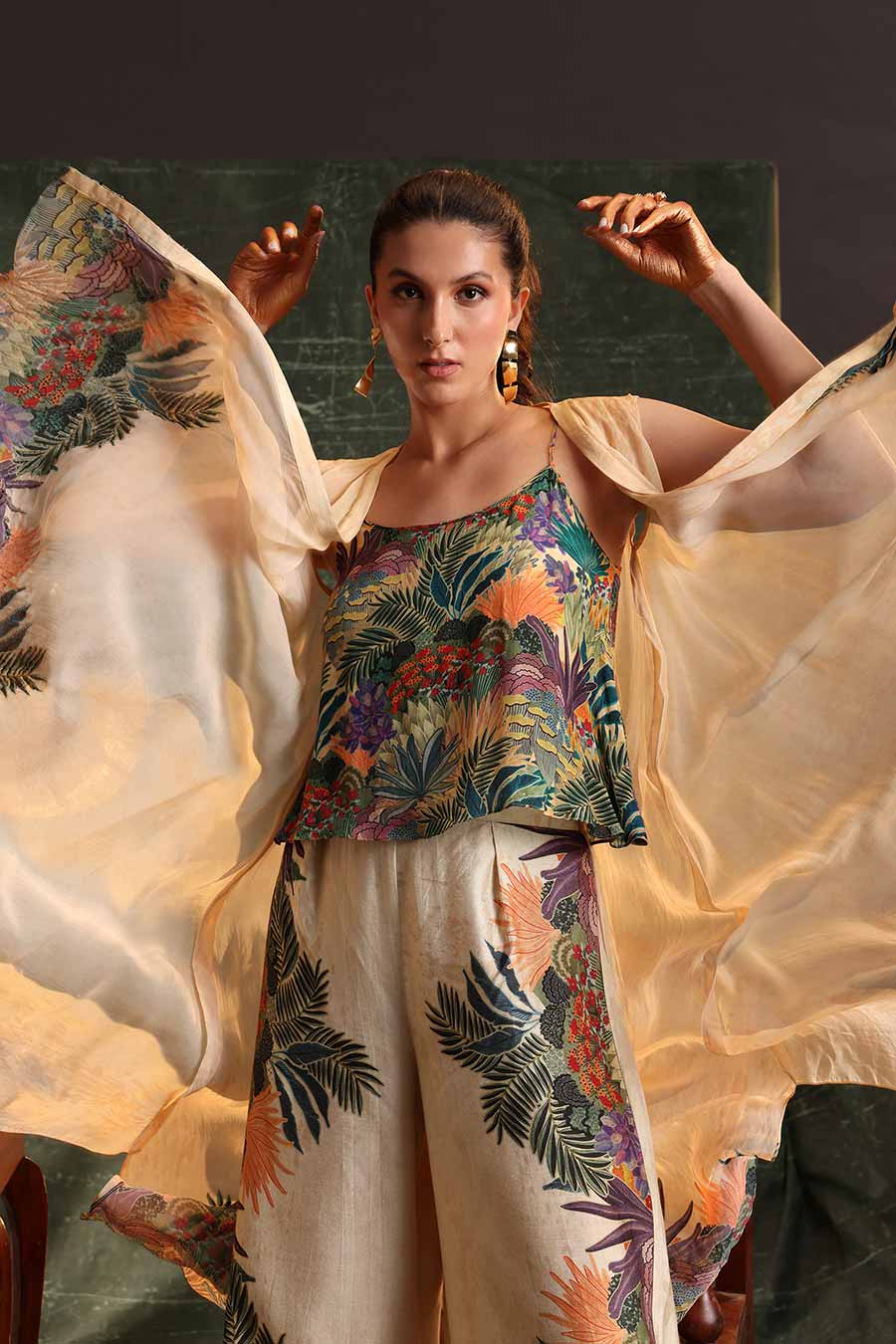 Beige Kaira Embellished Co-Ord Set With Cape