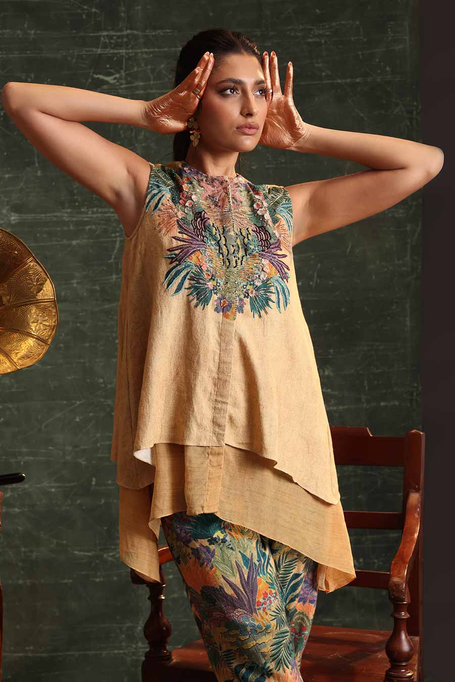 Beige Kaira Embellished Layered Co-Ord Set