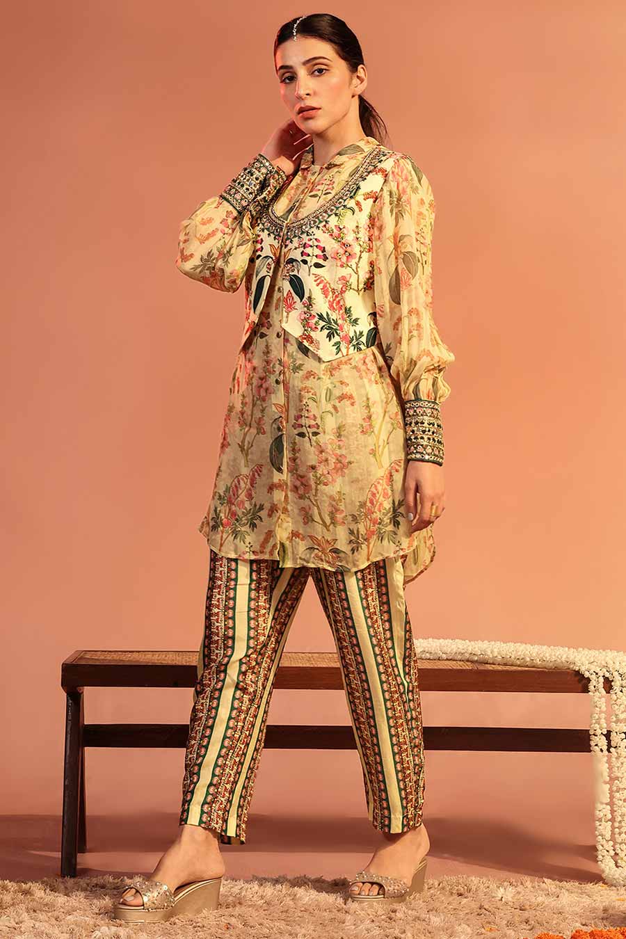 Cream Tamaya Embroidered Tunic Set With Jacket