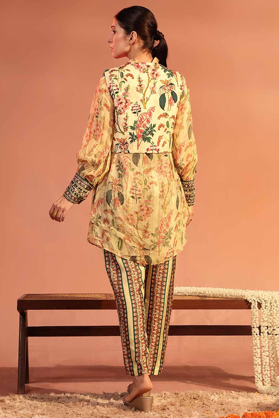 Cream Tamaya Embroidered Tunic Set With Jacket