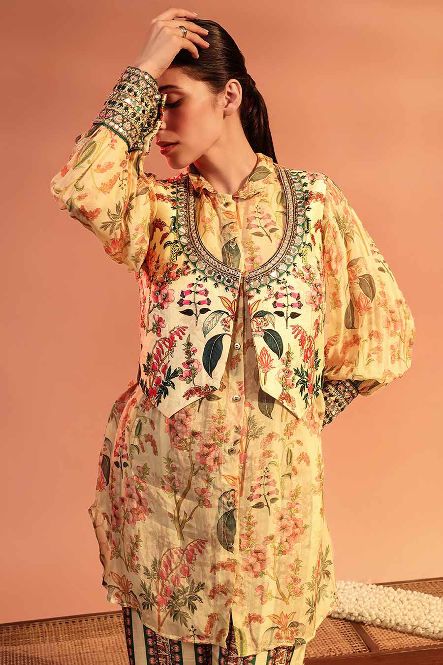 Cream Tamaya Embroidered Tunic Set With Jacket