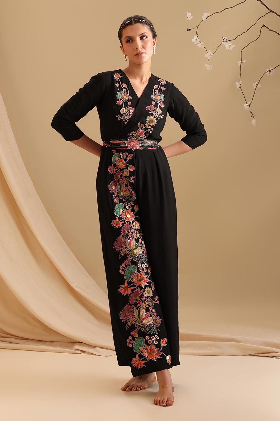 Black Aarani Applique Overlap Jumpsuit