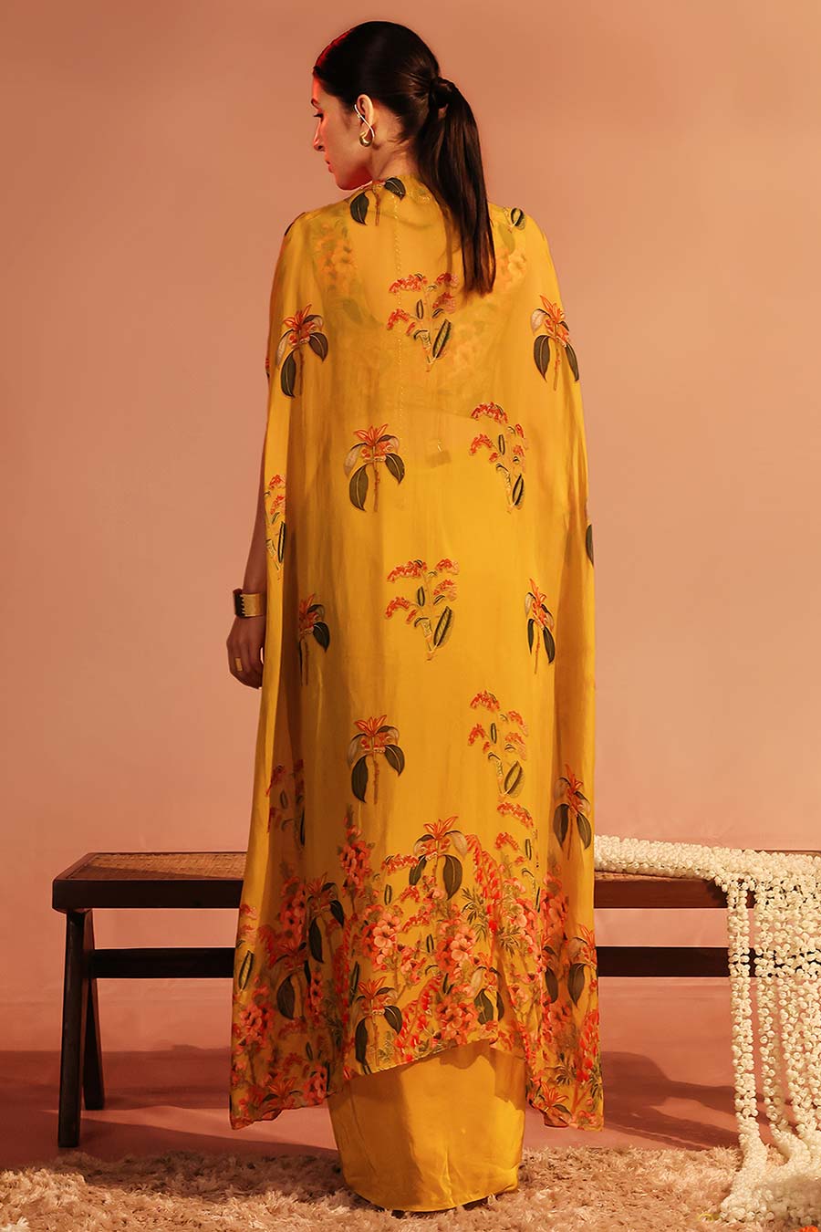 Yellow Tamaya Embellished Drape Skirt Set With Cape