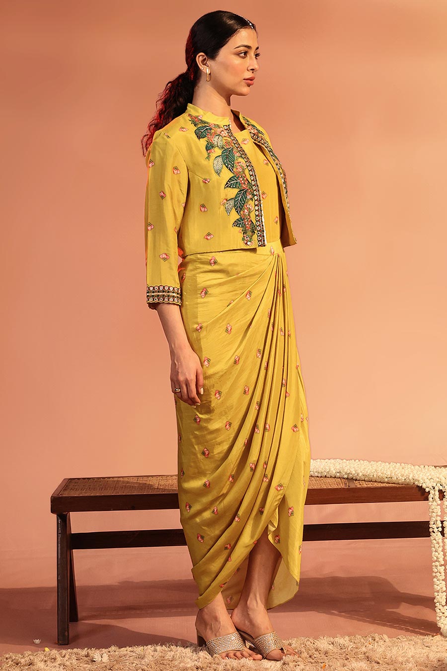Yellow Tamaya Embroidered Draped Dress With Jacket