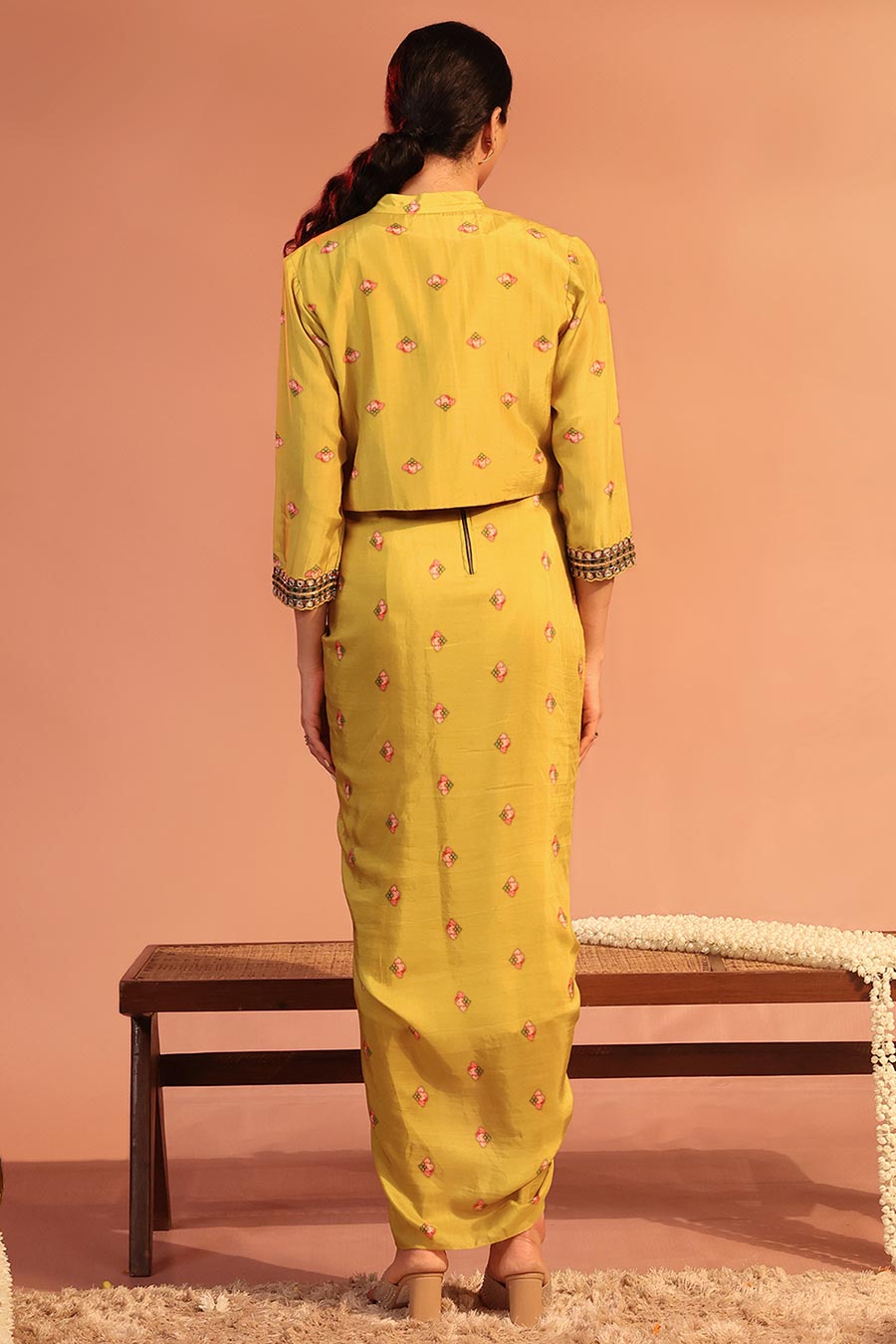 Yellow Tamaya Embroidered Draped Dress With Jacket