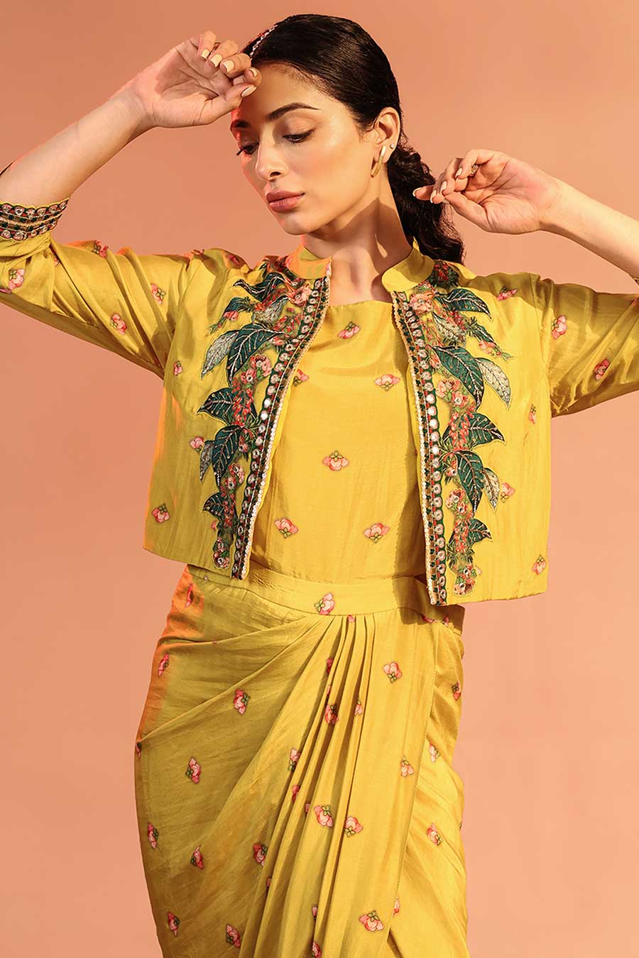 Yellow Tamaya Embroidered Draped Dress With Jacket