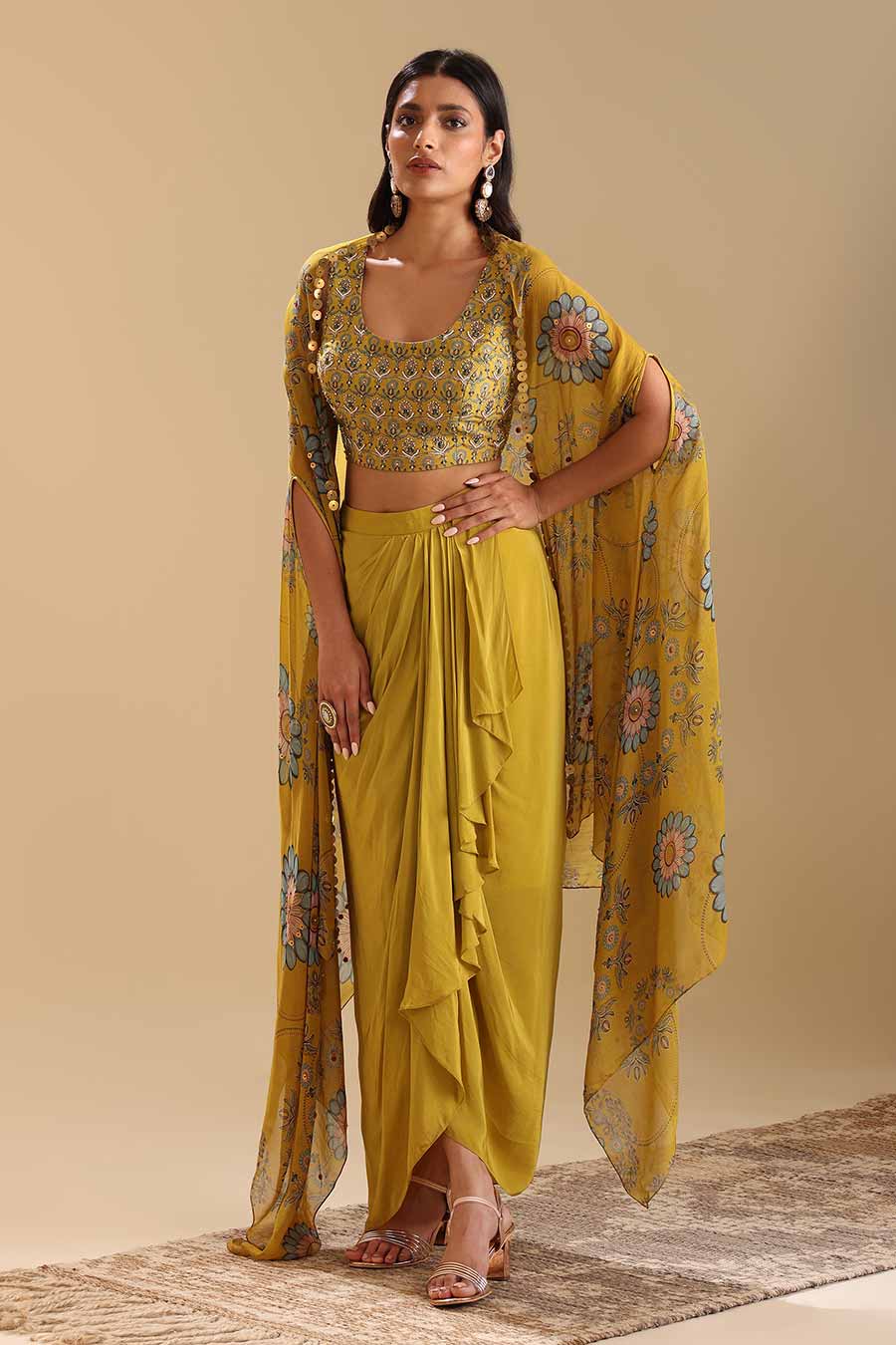 Yellow Eraya Embellished Drape Skirt Set With Cape