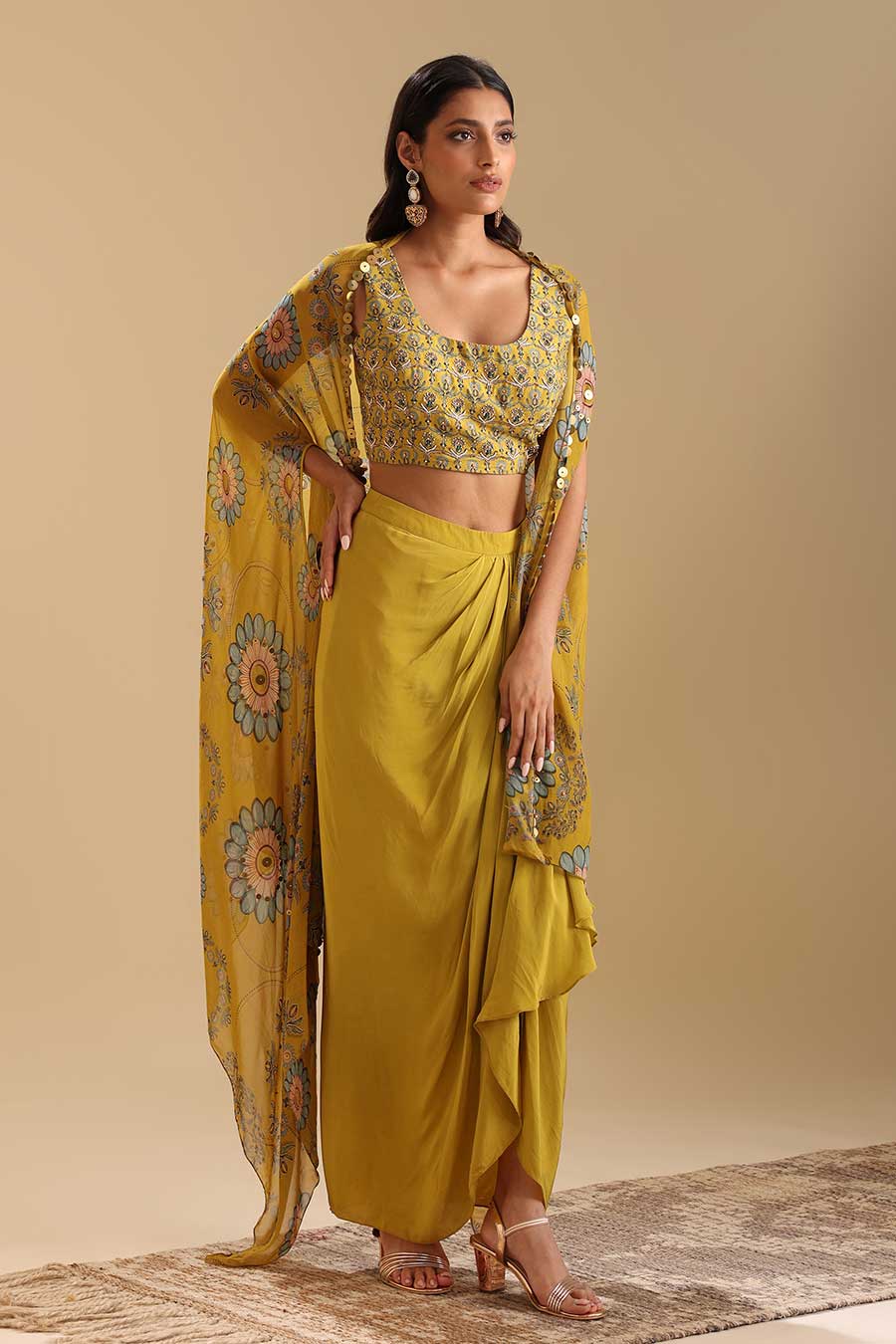 Yellow Eraya Embellished Drape Skirt Set With Cape