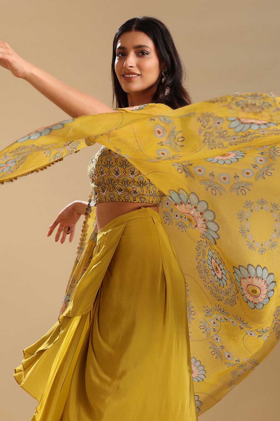 Yellow Eraya Embellished Drape Skirt Set With Cape