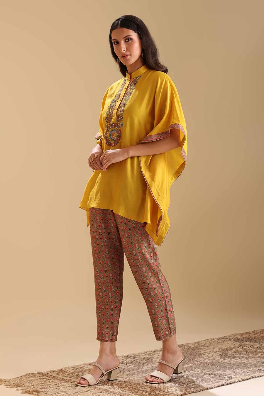 Yellow Eraya Embellished Kaftan & Pant Set