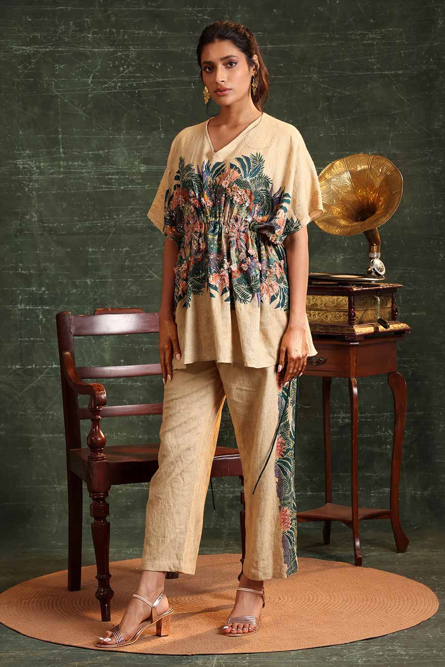 Beige Kaira Embellished Kaftan & Pant Set