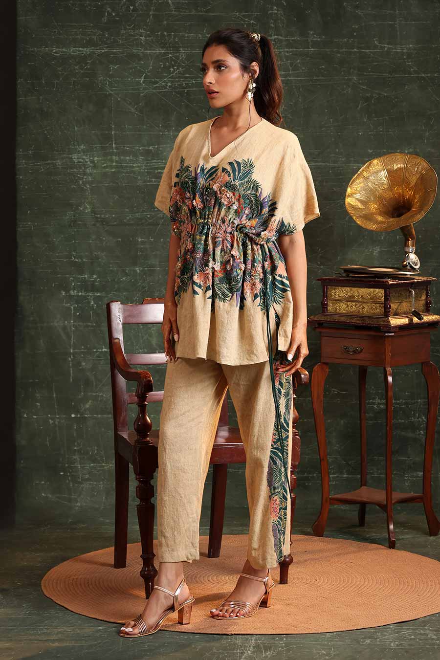 Beige Kaira Embellished Kaftan & Pant Set