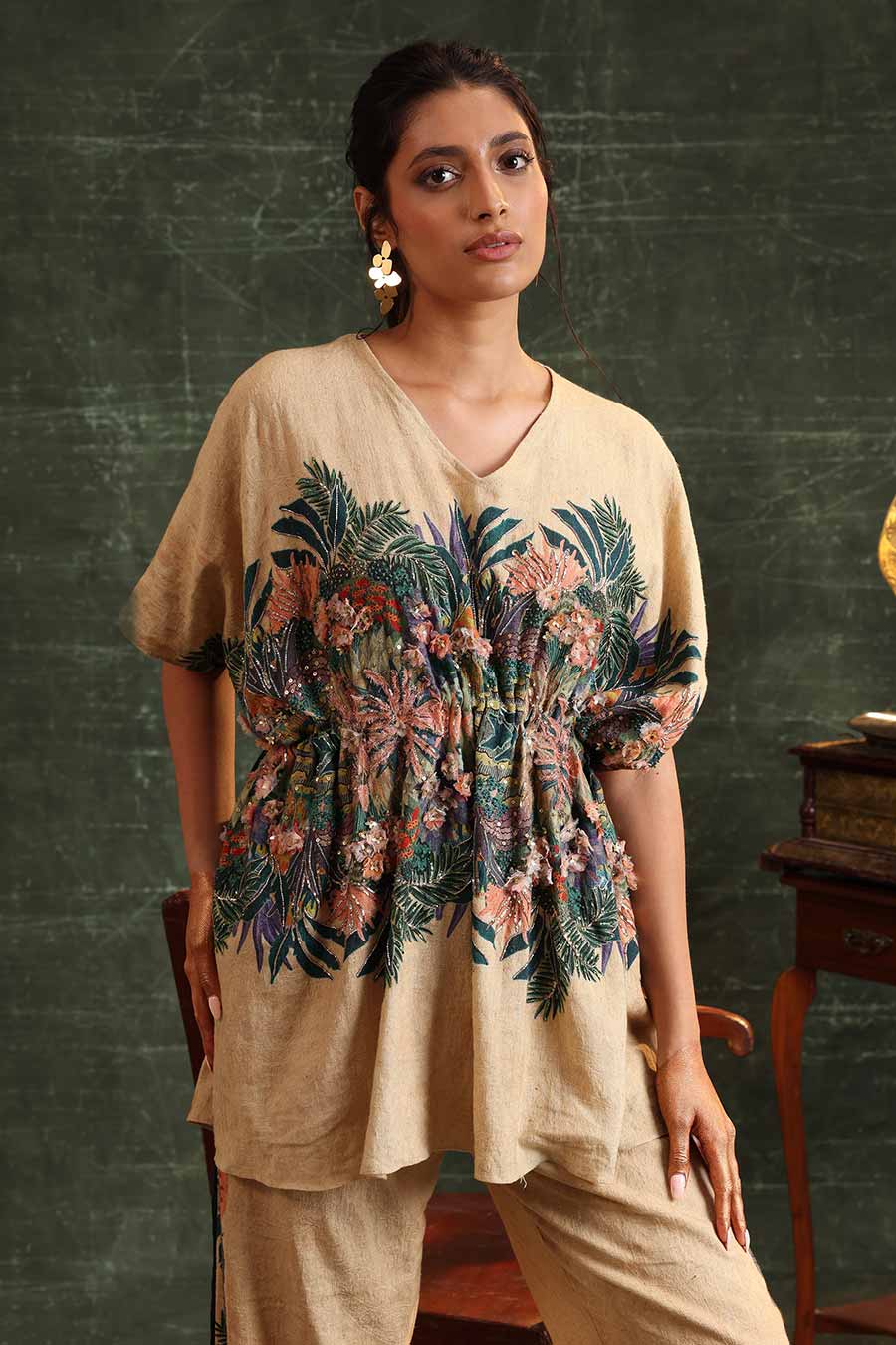 Beige Kaira Embellished Kaftan & Pant Set