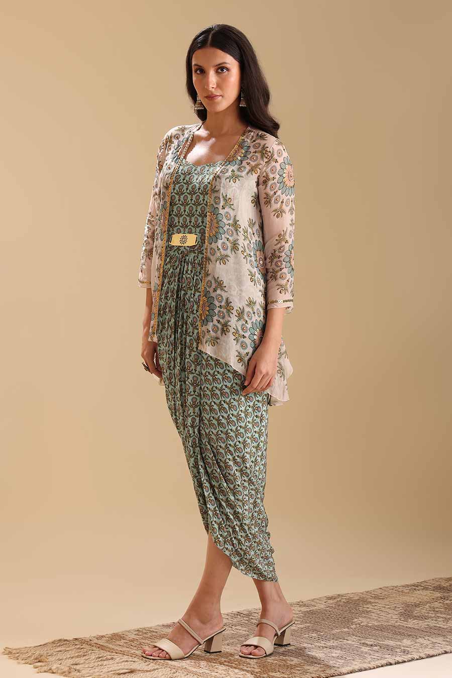 Green Eraya Embellished Drape Dress & Jacket Set