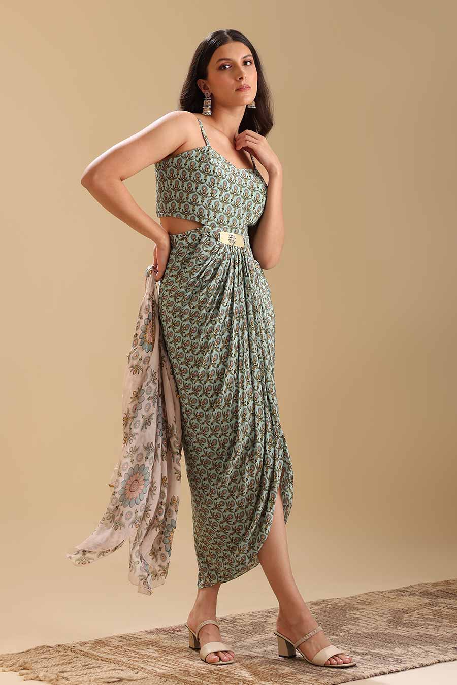 Green Eraya Embellished Drape Dress & Jacket Set