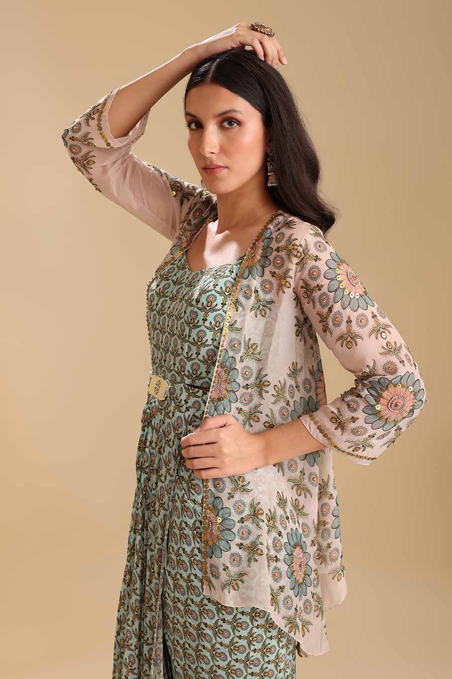 Green Eraya Embellished Drape Dress & Jacket Set