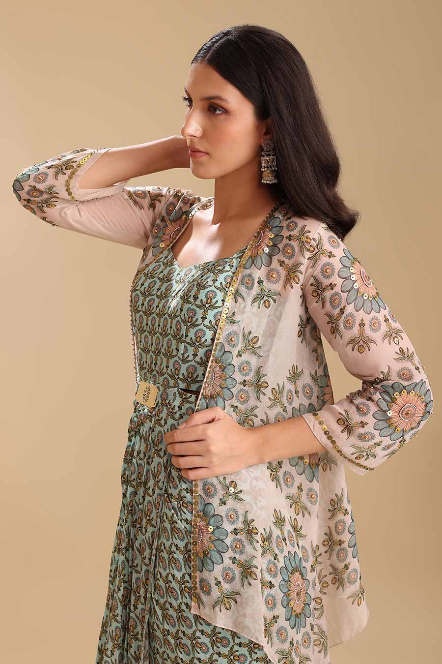 Green Eraya Embellished Drape Dress & Jacket Set