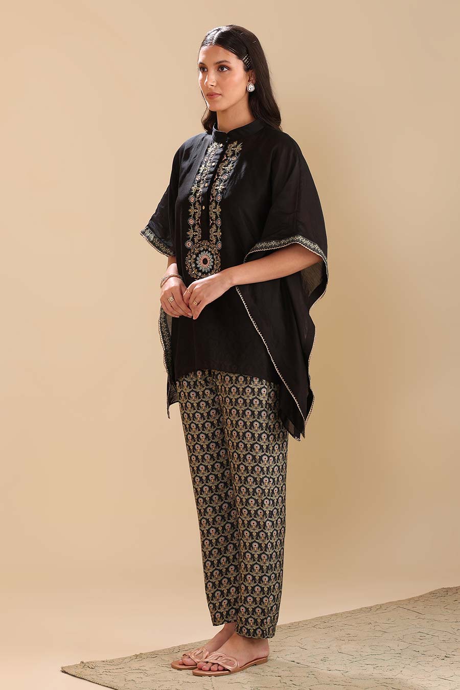 Black Eraya Embellished Short Kaftan & Pant Set