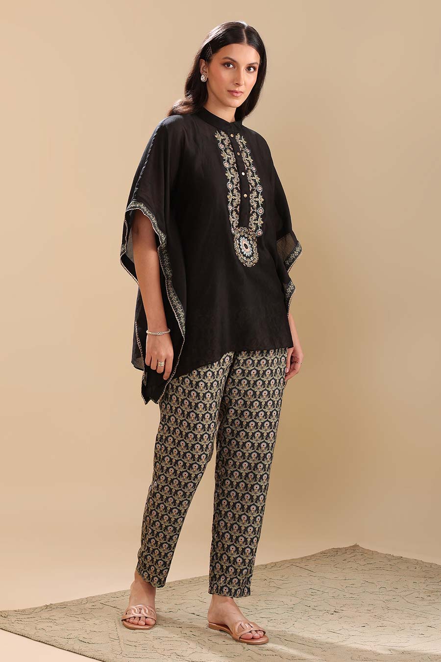Black Eraya Embellished Short Kaftan & Pant Set