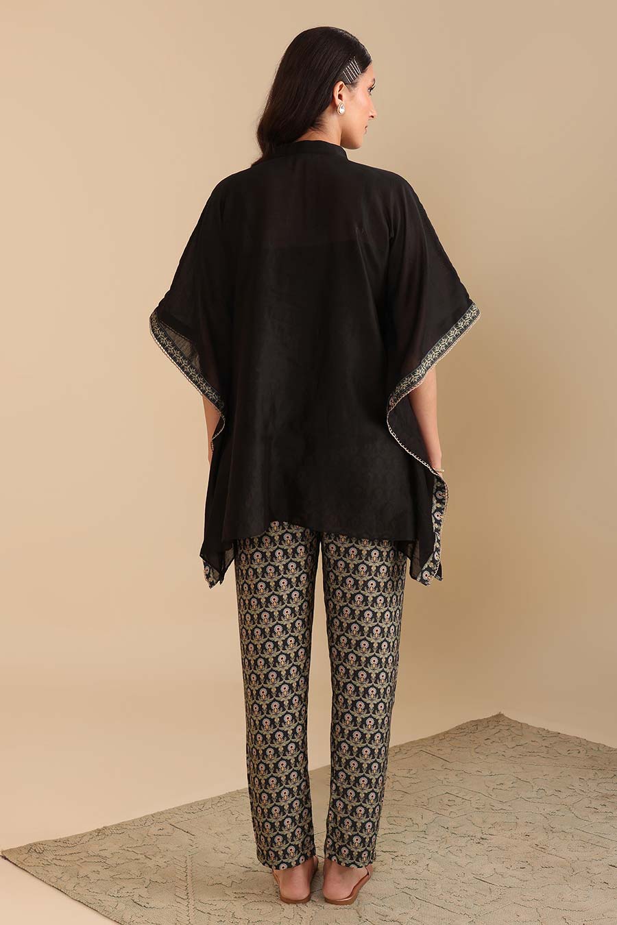 Black Eraya Embellished Short Kaftan & Pant Set