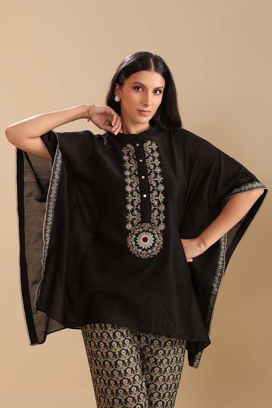 Black Eraya Embellished Short Kaftan & Pant Set