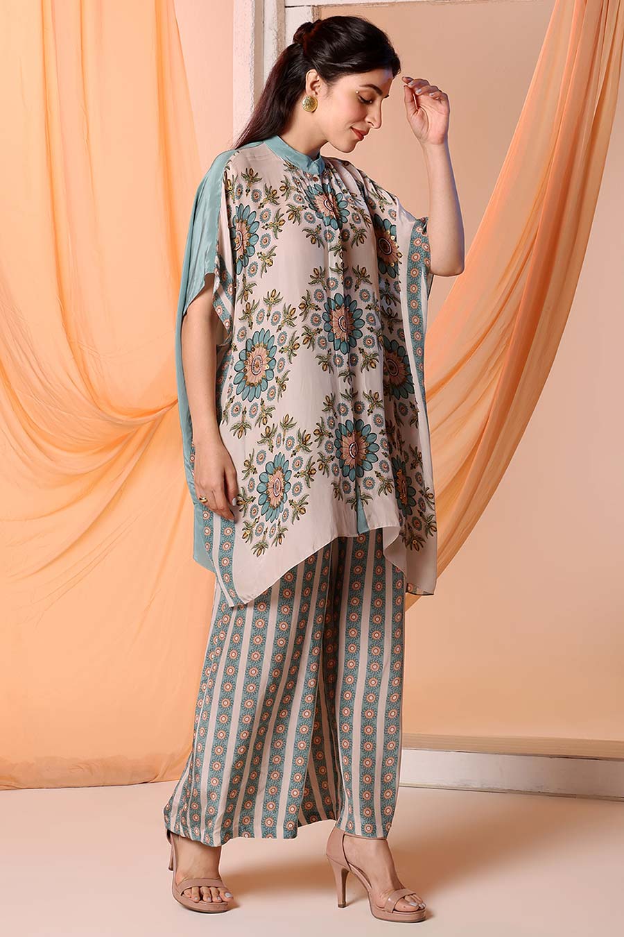 Beige Eraya Embellished Kaftan Shirt & Pant Set