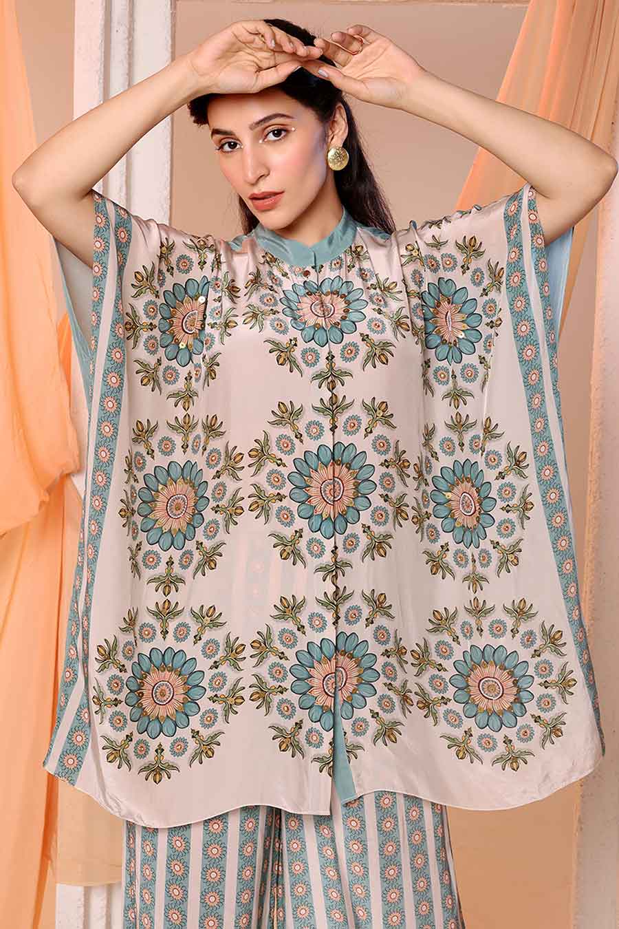 Beige Eraya Embellished Kaftan Shirt & Pant Set