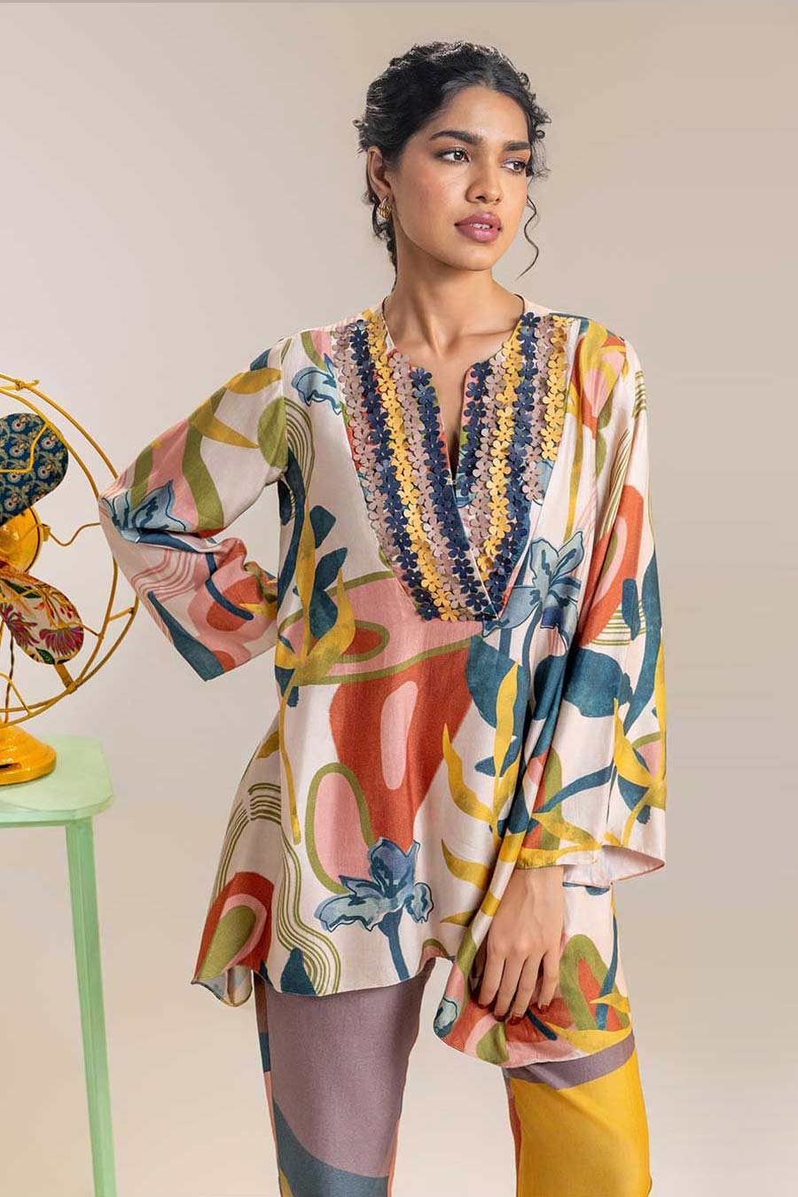 Beige Flora Printed Top & Pant Co-Ord Set