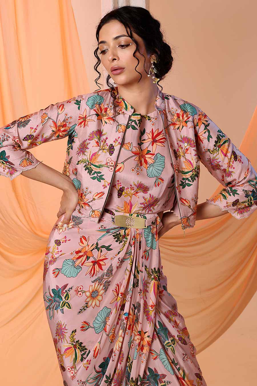 Pink Arani Printed Drape Dress & Jacket Set