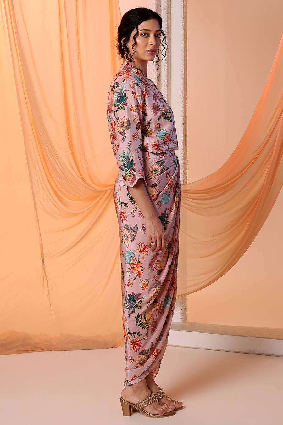 Pink Arani Printed Drape Dress & Jacket Set